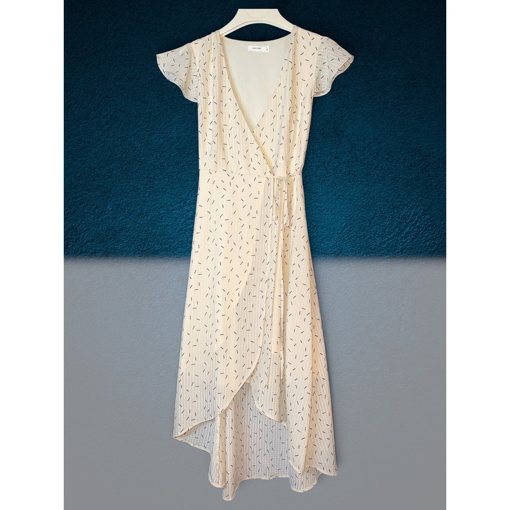 MOD REF Cream Dash Print Flutter Sleeve High Low Wrap Dress DR2195 Small